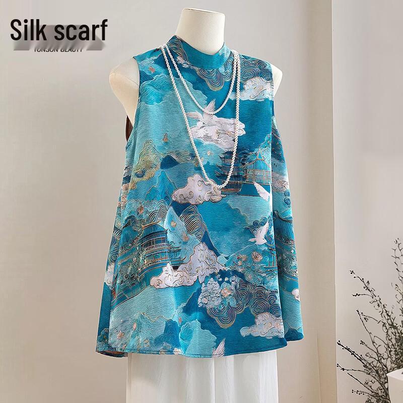 Sibaishe New Chinese Style Printed Sleeveless Blouse S синий