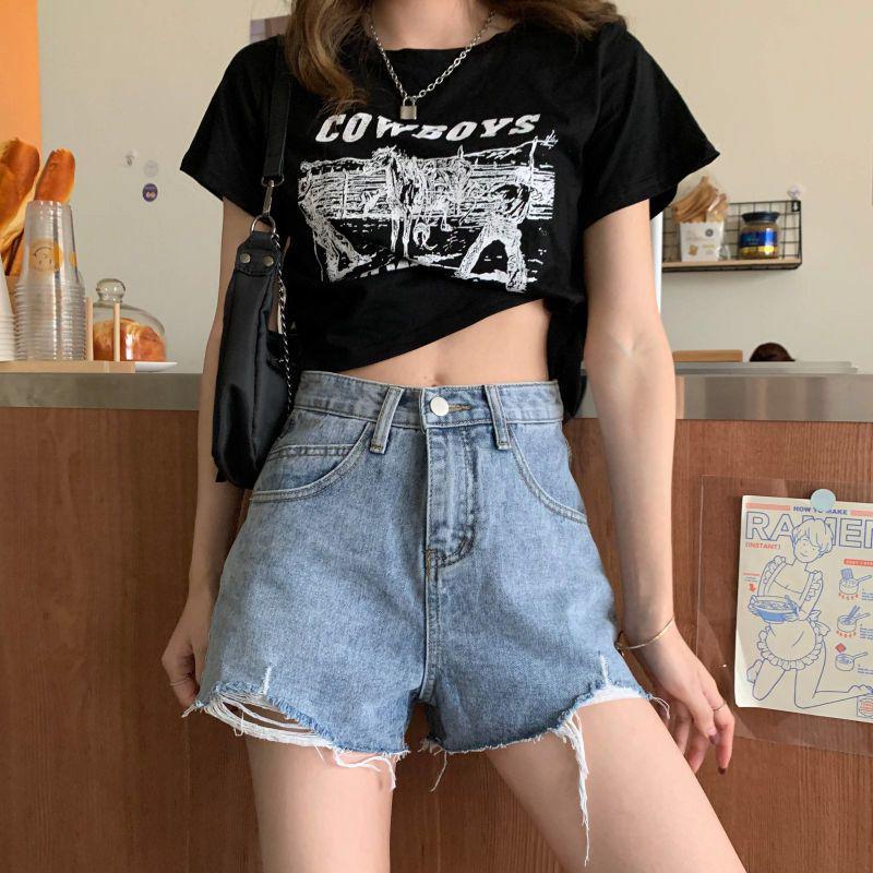 High Waist Ripped Denim Shorts - Women's Summer 2025 A-Line Hot Pants