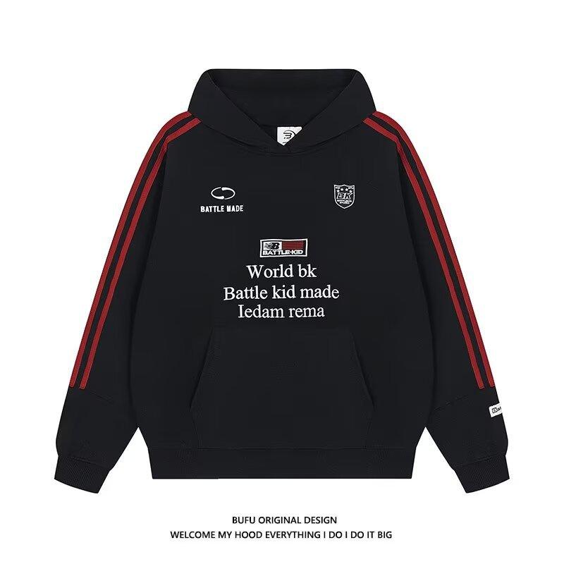 Американский ретро значок тесьма свитер мужской и женский контрастный цвет дизайнерский стиль с капюшоном повседневный спортивный универсальный худи топ 3XL чёрный