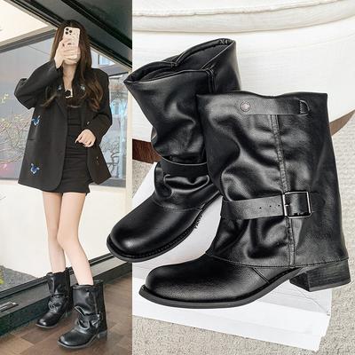 Fashion New Style Luxury Pleated Buckle Knight Boots for Women Autumn Brown Leather Mid Calf Boots Woman Slip-On Thick Heel Riding Boots