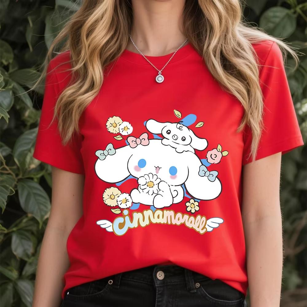 

2026 Summer Cinnamoroll Flower Buddy Print Cotton T Shirt for Women Casual Loose Fit Soft Comfortable Summer Top S