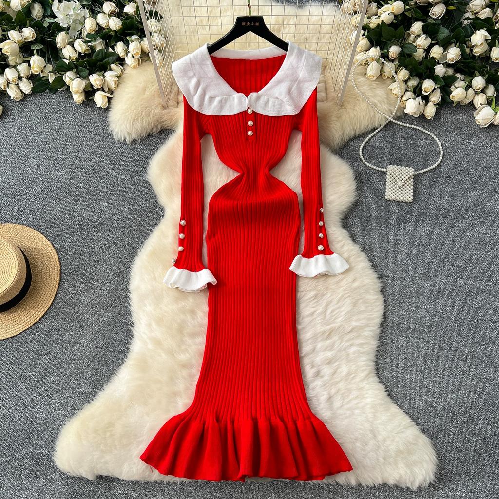 Spring Autumn Women Sweet Peter Pan Collar Knitted Sweater Long Midi Slim Mermaid Dresses
