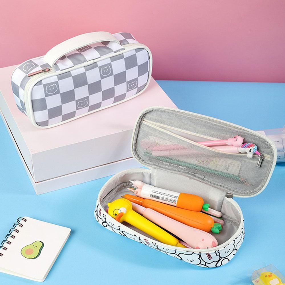

Large Capacity Student Stationery Comestic Bag Checkerboard Pen Bag Pencil Pouch Stationery Bag