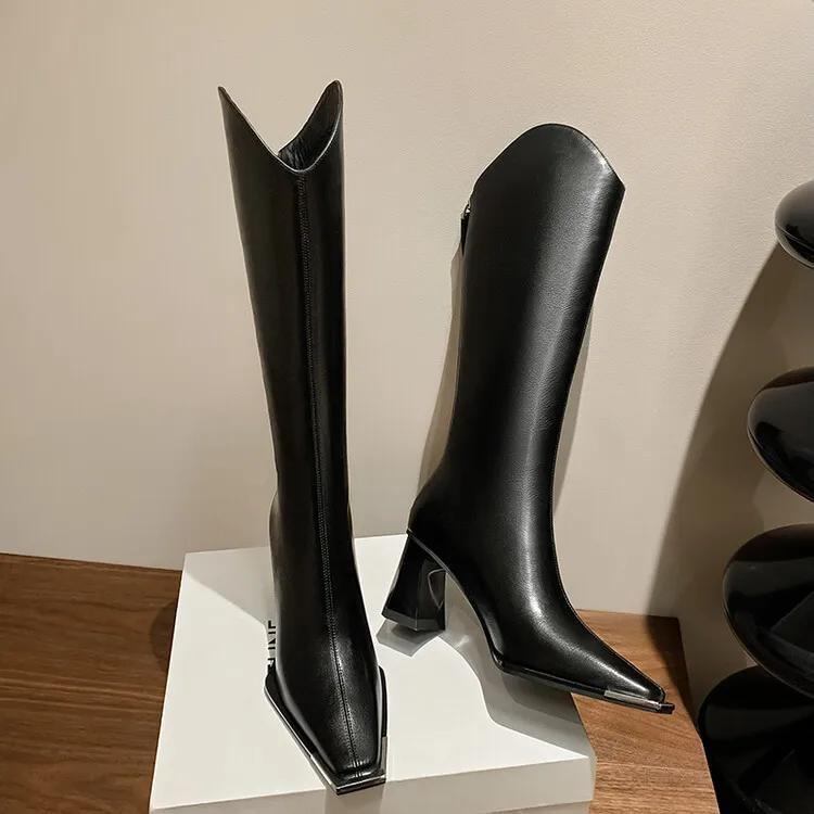 Fashion 2025 New Winter Knee-High Boots for Women Square Toe Knight Boots Split Leather Women Boots High Heels Concise Boots De Mujer