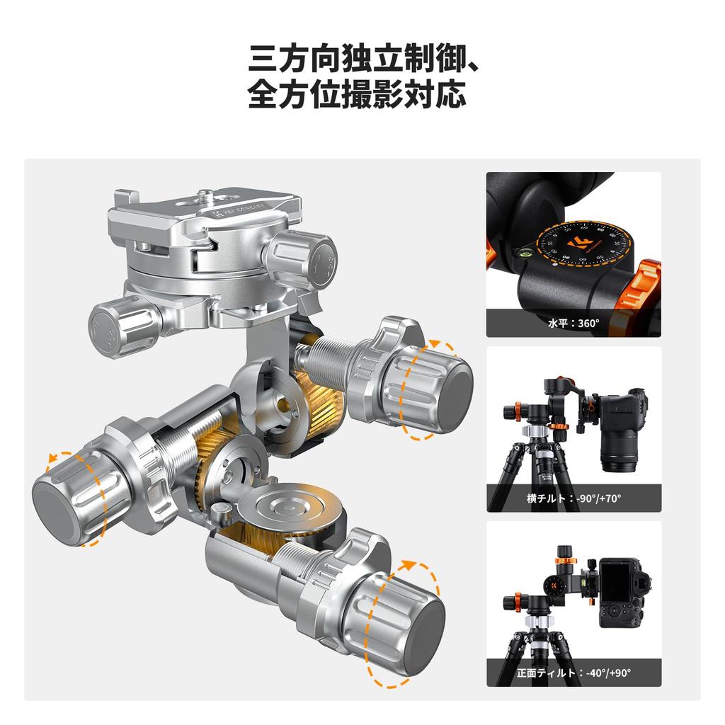 Concept Geared Head with Gear Magnesium Quick Precision Fine Aluminum Alloy Micrometer Maximum Load Capacity 6kg K&F Handle, 3-Way Head, Head,