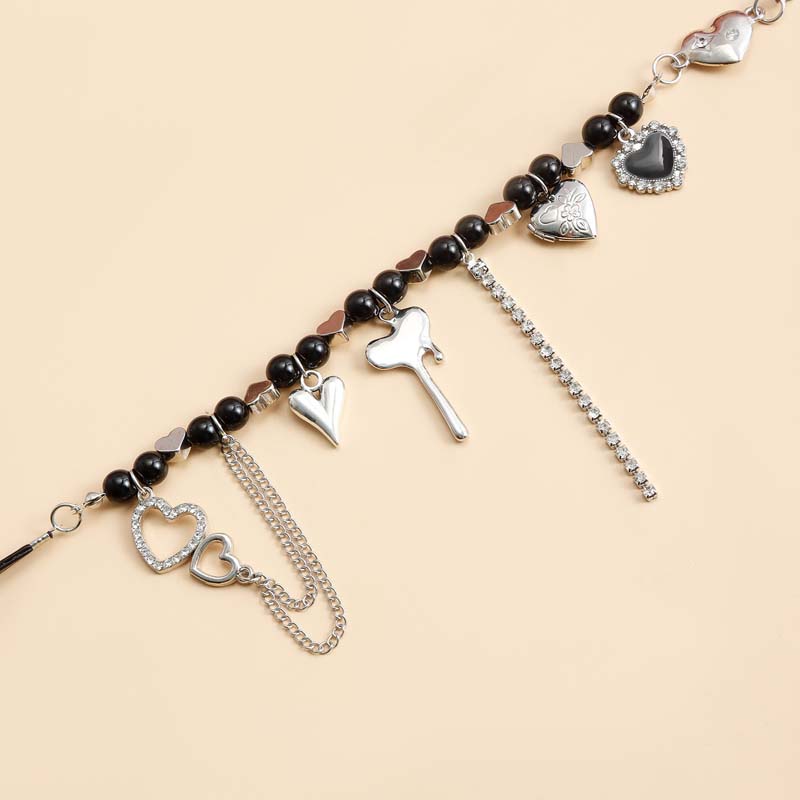Vintage Beaded Heart Tassel Choker Necklaces for Women Punk Hip Hop Black Leather Rope Necklaces Y2K Jewelry Party Accessories