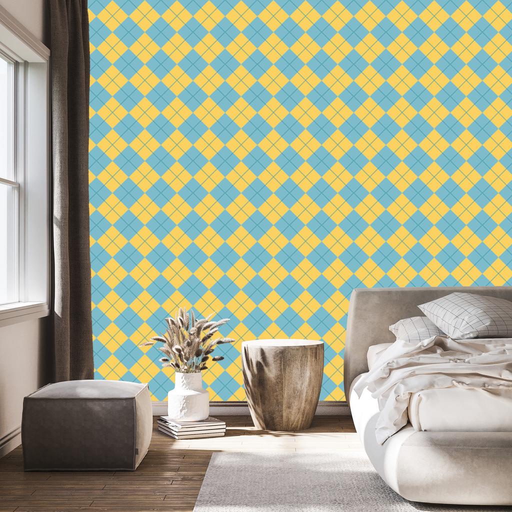 Yellow, blue, turquoise and gold checkered wallpaper 50x1000