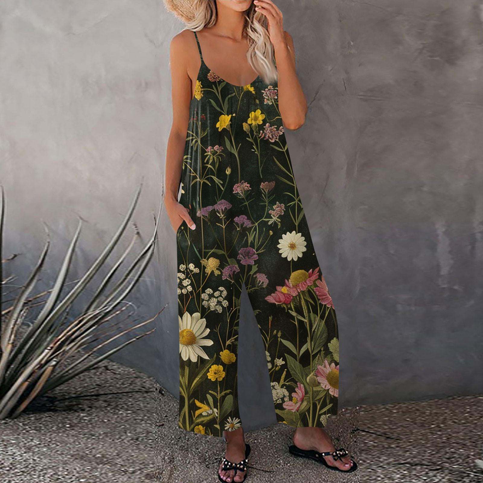 

Женский комбинезон с цветочным принтом, повседневный свободный комбинезон с регулируемыми подтяжками L