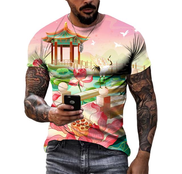 Piękne koszulki męskie z elementami chińskimi, casualowe, z nadrukiem HD 3D, wzorzyste, hip hopowe, Harajuku, z osobowością, z okrągłym dekoltem, z krótkim rękawem