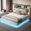 Upholstered Bed 160 X 200 Cm, USB Socket and Light Strip, Reversible Headboard with Storage Compartments and Shelves, Metal Frame, Linen Fabric, Beige