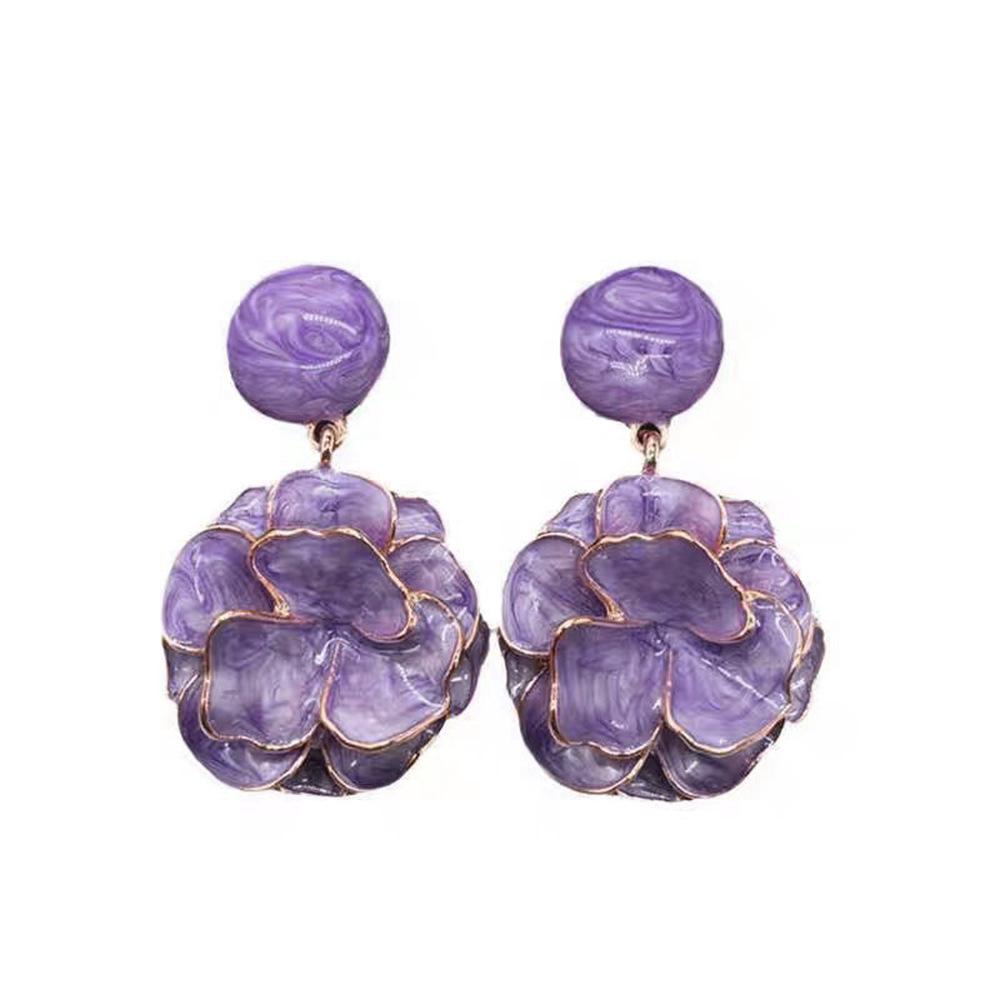French Retro Purple Enamel Magnolia Flower Earrings for Women