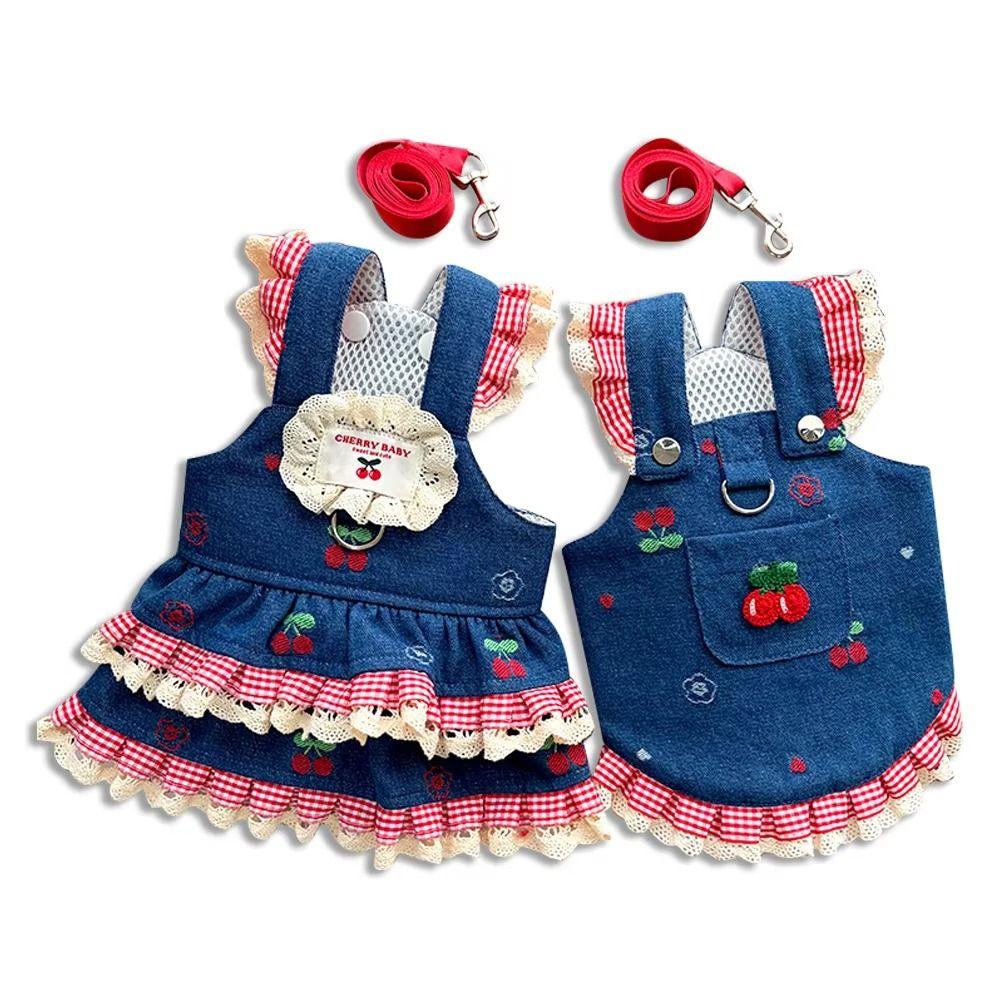 Denim Cherry Pet Dog Skirt Breathable Mesh Cat Clothes Puppy Clothing with Leash  Couple Outfit