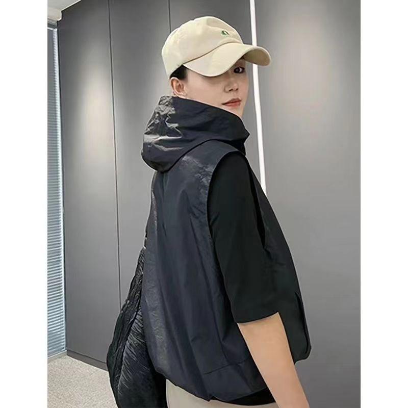 Gilet Estivo da Donna Largo Sezione Sottile con Cappuccio Sport all'Aria Aperta Tinta Unita Sezione Corta Maglia Solare