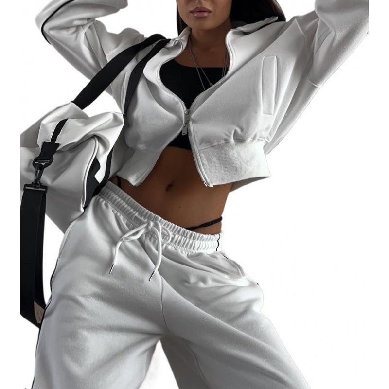 European & American Casual Zipper Cardigan Jacket & Sporty Drawstring Long Pants Women’s Two-piece Set