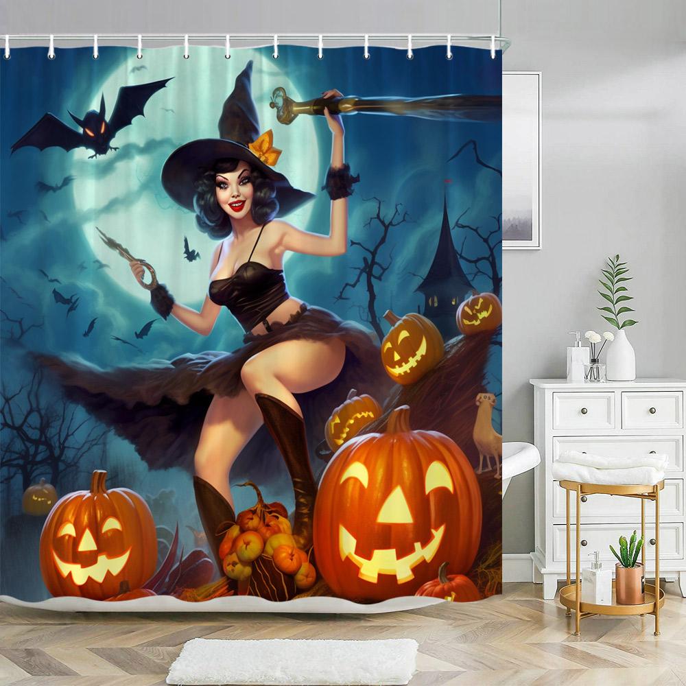 Scary Halloween Shower Curtains Black Cat Pumpkin Shower Curtain Witch Purple Bat Spider Web Cloth Shower Curtain Bathroom Decor