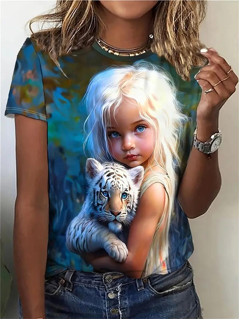 2025 Damen T-Shirt Lässig Mode Kurzarm Neu Lustig Cartoon Tier Katze 3D Druck T-Shirt Für Damen Tägliches Oberteil