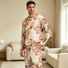 Men's Pajama Set Long Sleeve Top and Long Pants with Button Crotch and Elastic Drawstring Waist for Home Loungewear