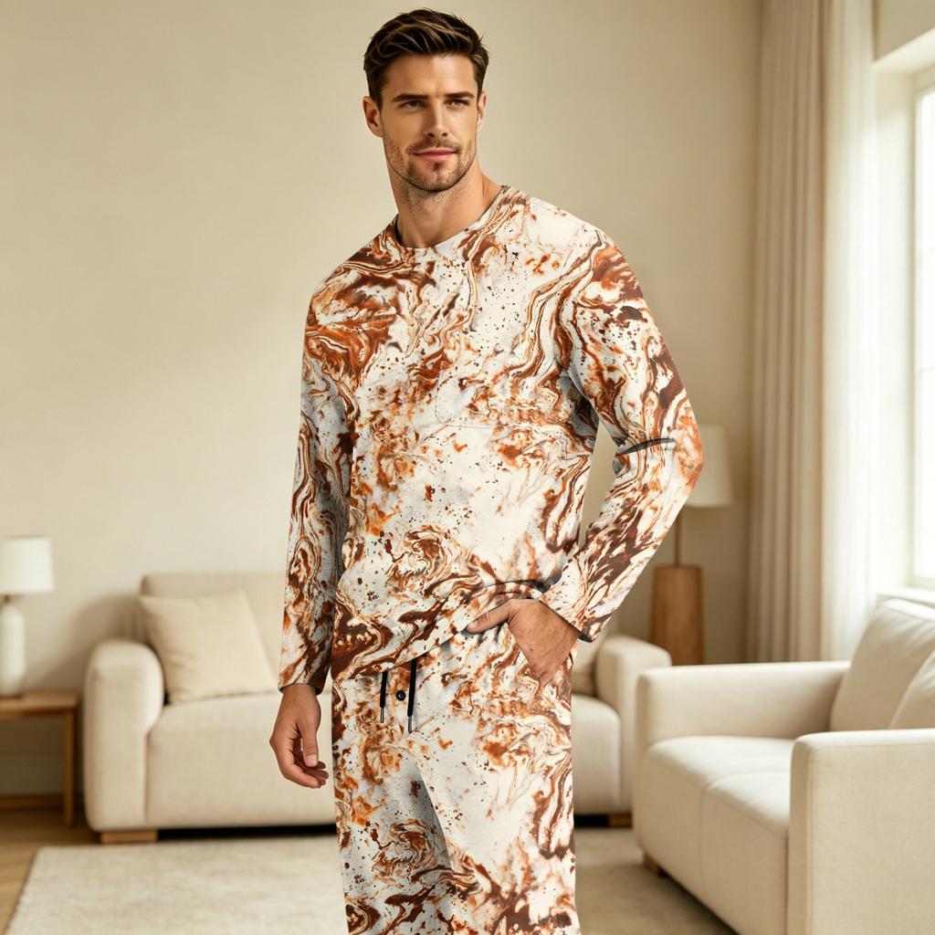 Men's Pajama Set Long Sleeve Top and Long Pants with Button Crotch and Elastic Drawstring Waist for Home Loungewear