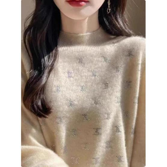 Damen Feine Wolle Verdickender Pullover Halboher Kragen Blatt mit Diamanten besetzt Pullover Damen Gestrickte Basisoberteile Herbst Winter