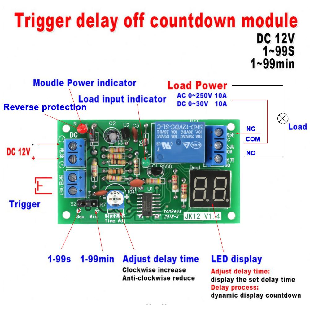 DC12V LED Display Countdown Timing Timer Delay Turn OFF Relay Switch Module