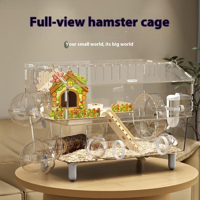 Luxury Villa Acrylic Transparent Hamster Cage Chew-Proof Escape-Proof Spacious Golden Hamster Habitat with Exercise Wheel