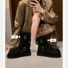 New retro locomotive buckle with round head thick sole heightening medium tube short boots for women in autumn and winter