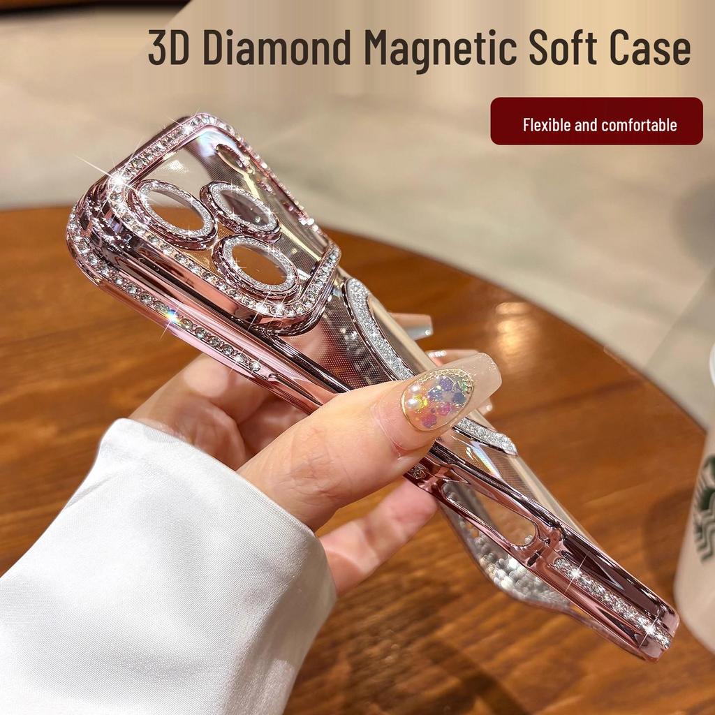 Rhinestone Magnetic Phone Case for iPhone 17 Pro Max: Transparent, Glittery, Electroplated, Anti-fall Protective Cover