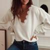 Women's V Neck Long Sleeve Knit Top Loose Fit Elegant Lace Trim Puff Shoulder Soft Sweater Blouse