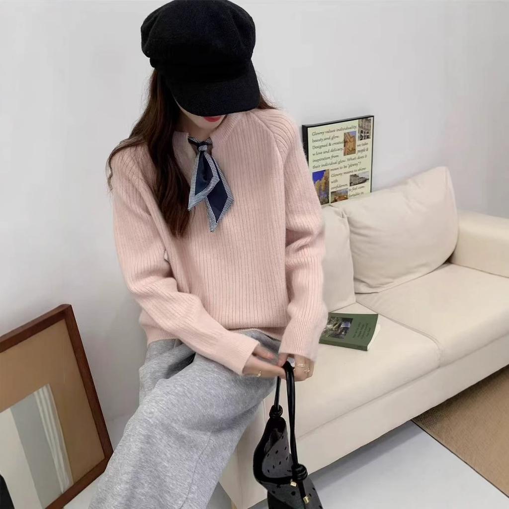 Autumn and winter design pullover sweater women's ribbon bow tie crew neck gentle fashion versatile knitted sweater women