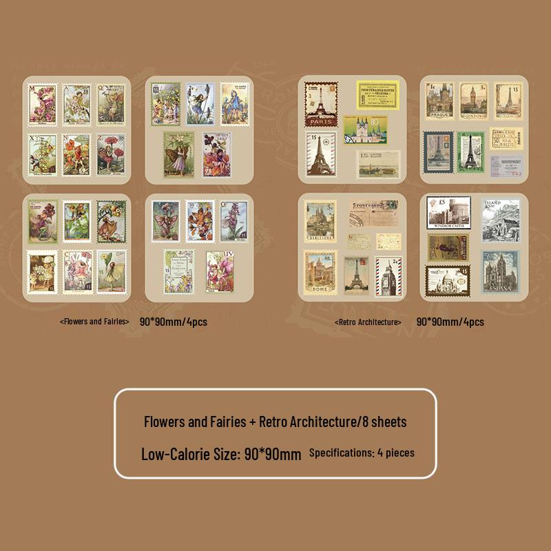 Vintage Literarische Zeitschriften & Postkarten Aufkleber: Amerikanische Briefmarken, Ölgemälde, Architektur des Dampfzeitalters