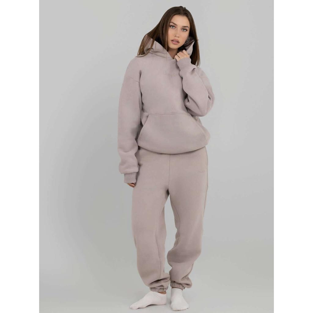 Comfrt Solid Color Embroidery Fleece Oversize Couple Hoodie Casual Loose Sweatpants Set