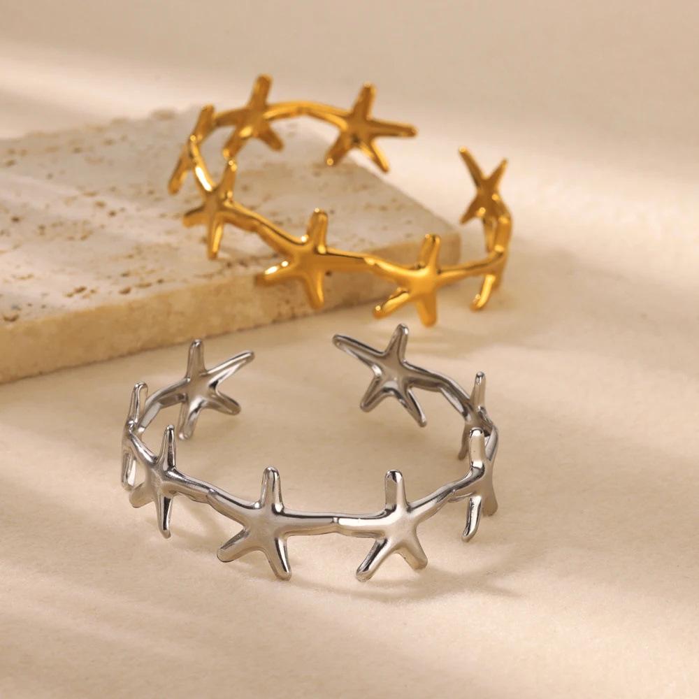 Retro Ocean-Style Conch Seashell Stainless Steel Stackable Bracelet and Ring Set