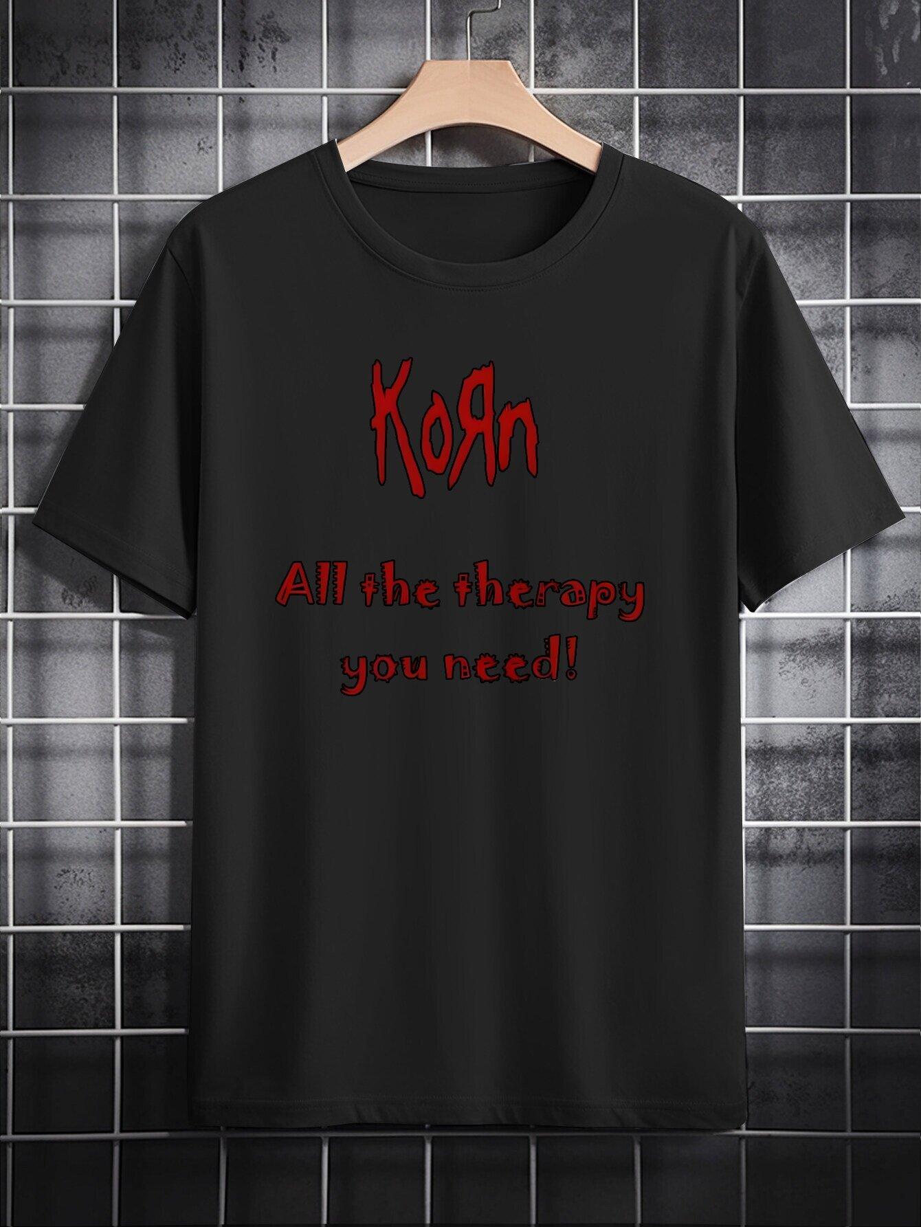 Casual Round Neck T-shirt with  KORN  Gothic Print - Black Polyester XL