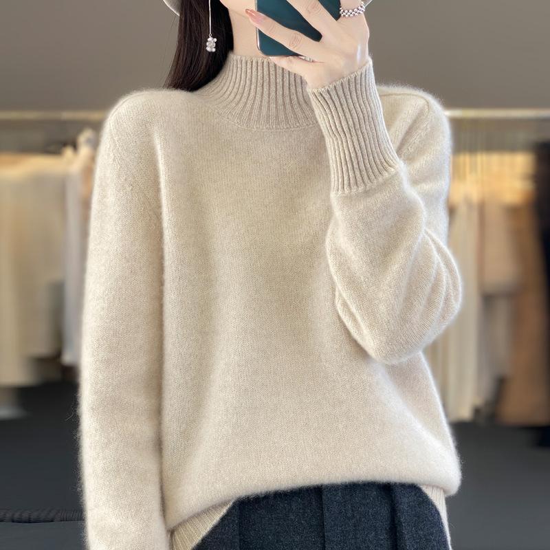 Women's Pure Wool Loose Knit Pullover - Long Sleeve, Half-High Collar, Solid Color Sweater Top