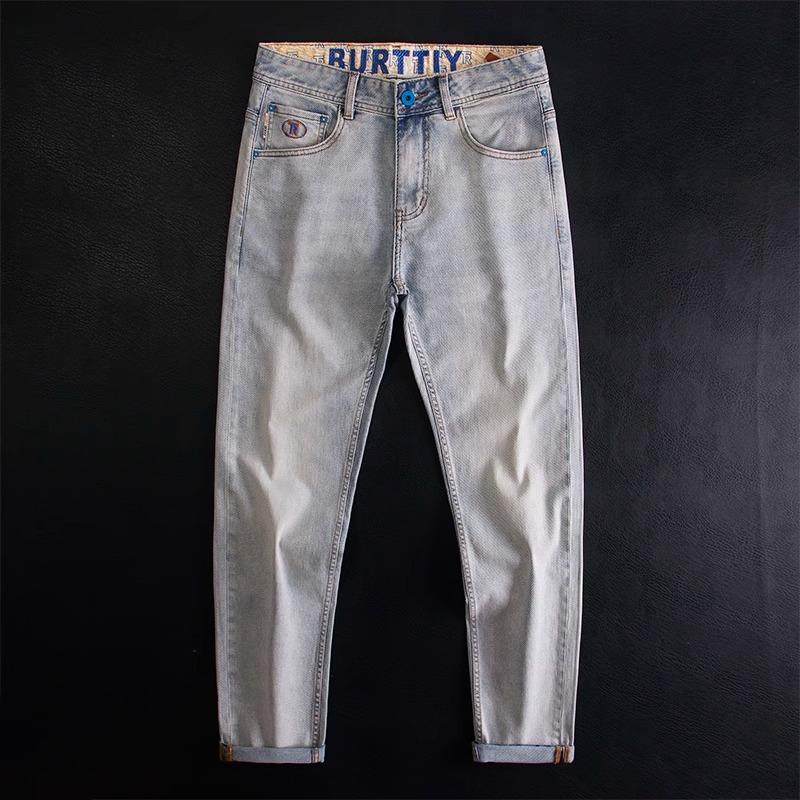 

Маленький Монстр Гонконгский стиль Летние Тонкие Ледяной Голубой Серый Джинсы Мужские Маленький Прямой Пояс Вышитые Цветной Блок Укороченные Брюки 5982 36 синий