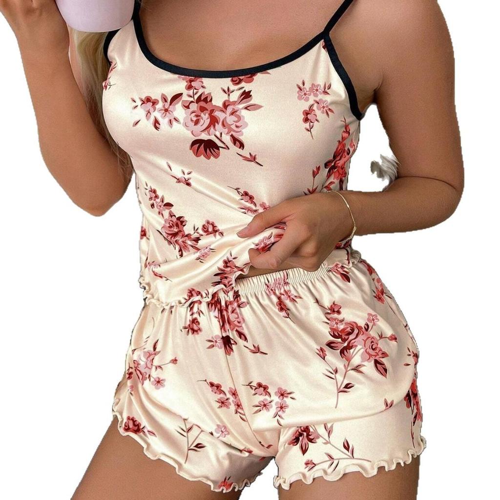 Shein Floral Print Milk Silk Women's Pajamas Set - Camisole & Shorts