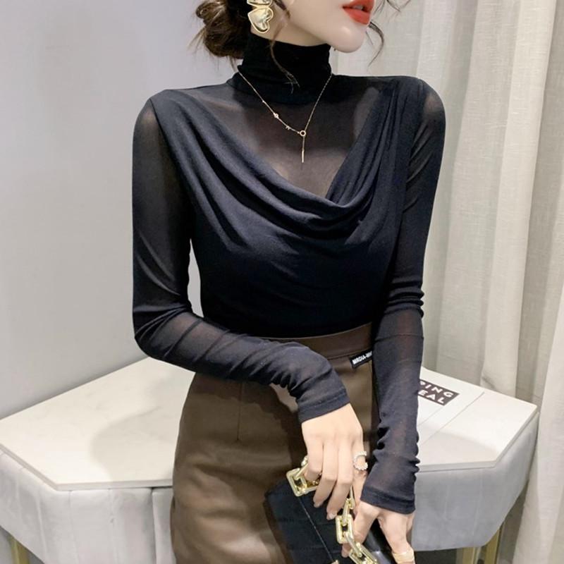 European High Neck Mesh Long Sleeve Top - Women's Slim Fit Autumn Shirt