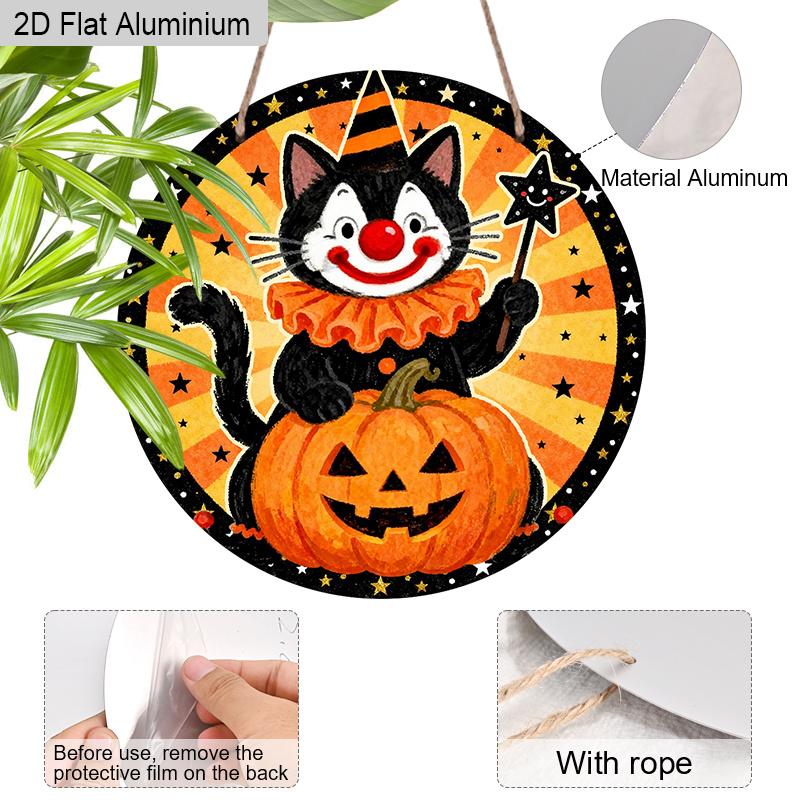 2D Flat Aluminium Halloween Sign with Black Cat & Pumpkin Pattern - Halloween Figurine Ornaments - Ideal for Front Door, Wall, Porch, Fence Decor
