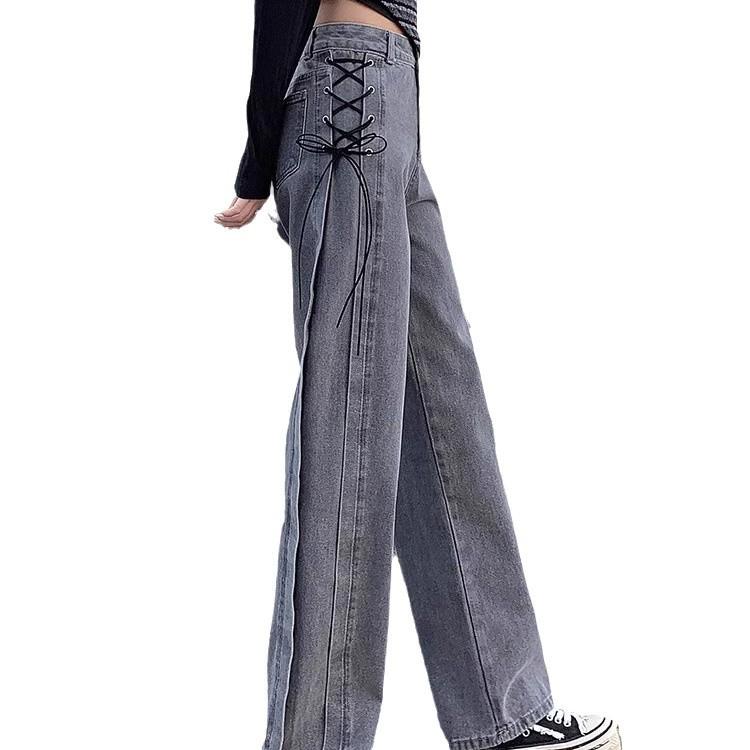 Dámské podzimní korejský styl kouřově šedé džíny s vysokým pasem na zavazování a širokými nohavicemi