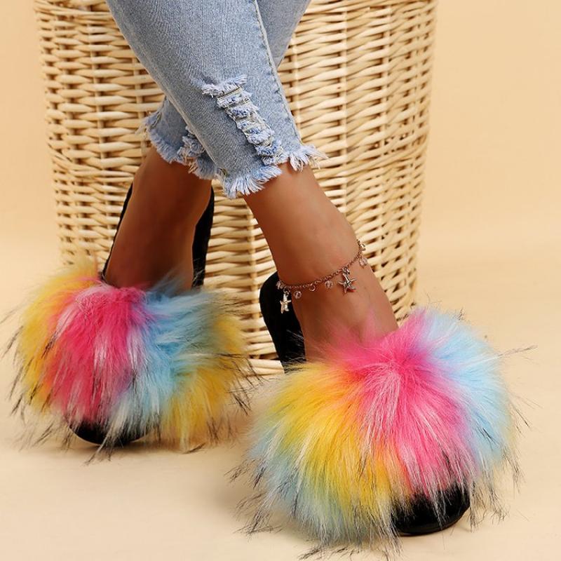 Fashion Brand Designer Mix Color Long Plush Slippers Women Fashion Colorful Flat Heels Soft Fur Slides Women Slip On Outdoor Slippers