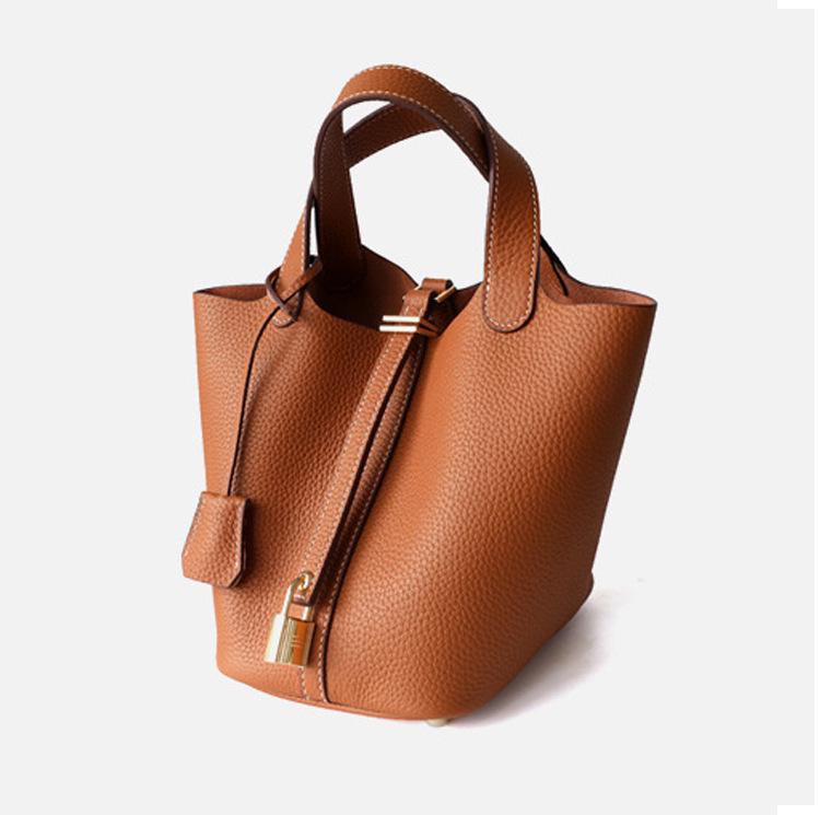 Women's Genuine Leather Bucket Handbag - Large Capacity, High-End Cowhide Veggie Basket Style