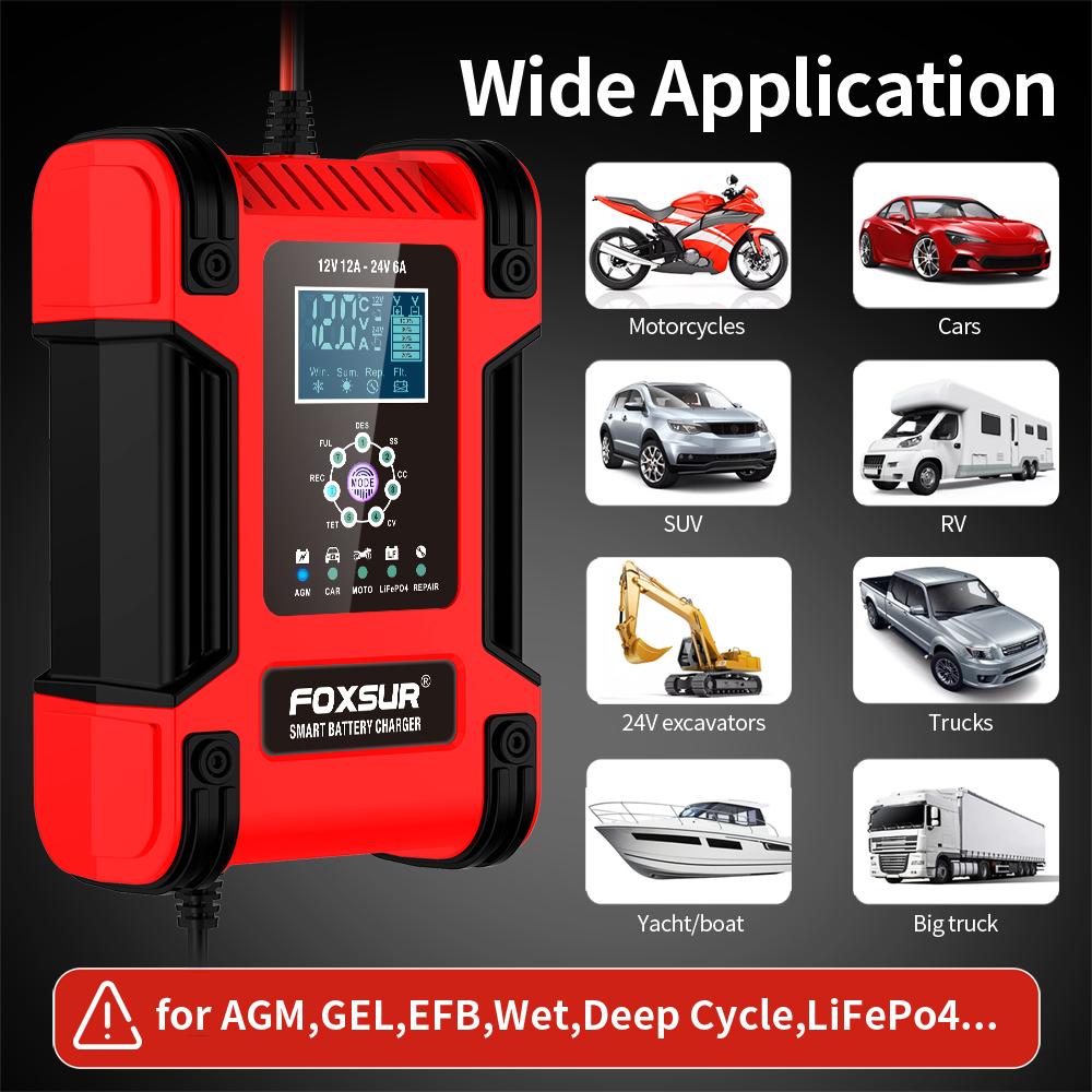 12V 24V Car Battery Charger Auto Lithium AGM GEL Lead-Acid Batteries 7-Stage Automatic Repair LCD Power Adapte