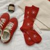 "New Year Christmas Red" Big Red Socks, Women's Fabric Label Mid-calf Socks, Autumn and Winter Big Polka Dot Twist Pile Socks, Long Socks