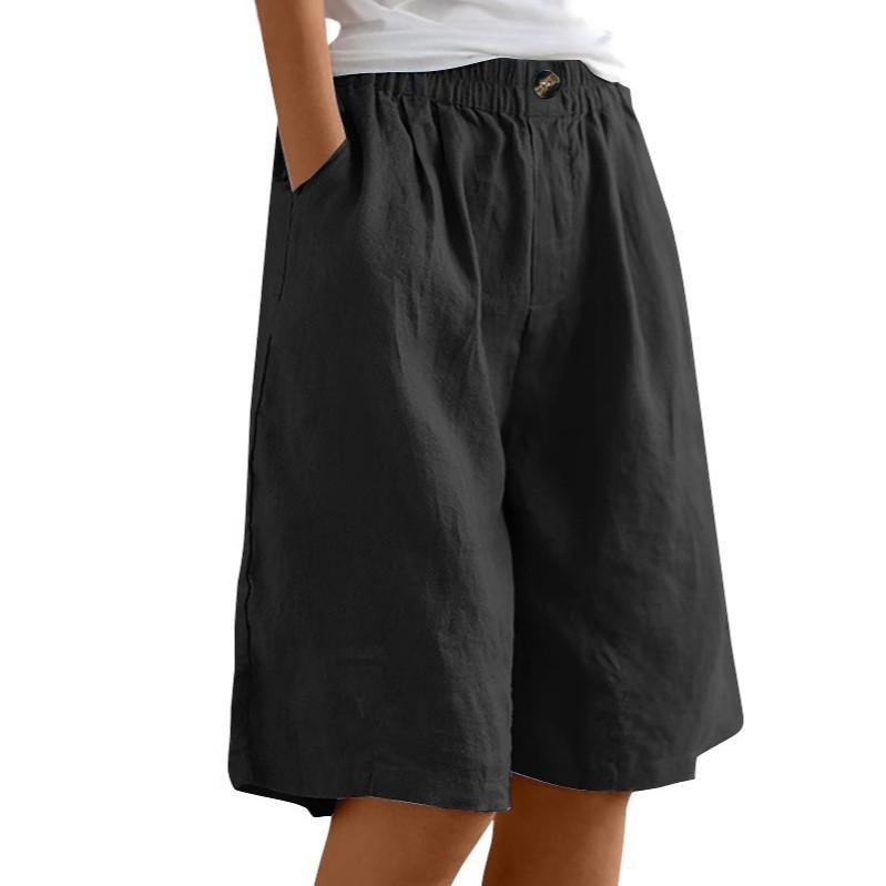 Women's High Waist Elastic Waistband Linen Bermuda Shorts Casual Loose Wide Leg Shorts With Side Pockets For Summer