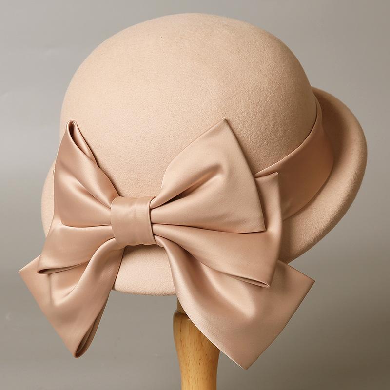 French bow wool felt hat bucket hat autumn and winter elegant small fragrant basin hat British top hat female
