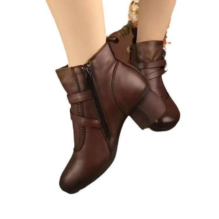 [Spot] Ethnic style short boots women's autumn new soft leather retro versatile mother single boots round head thick heel leather boots