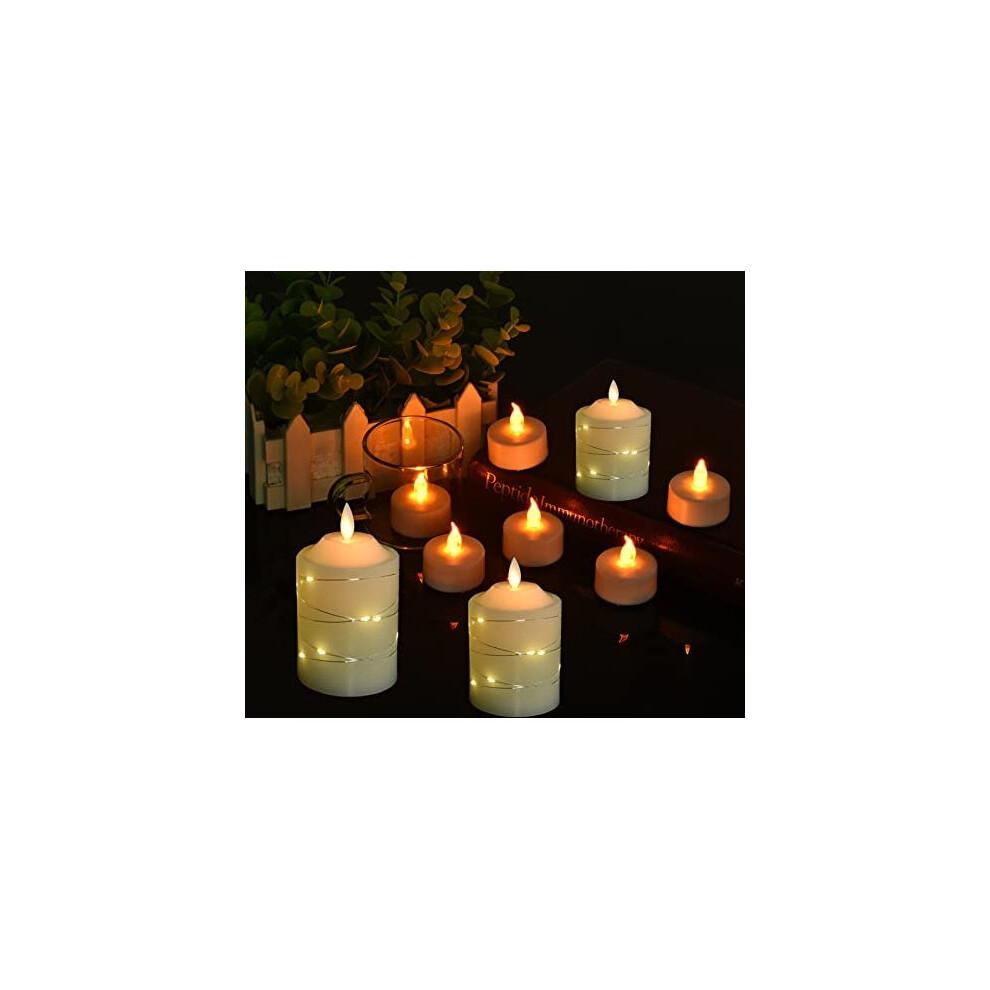 Battery Operated Led Flameless Candles :with Embedded String Lights,3 Pack Ivory Flickering Electric Candle lamp ,with 10-Key Remote Control and Cycle