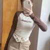 Letter Print T-Shirt Women Spring Long Sleeve Patchwork Tops Retro Contrast Color Crop Top Hot Girl Skinny Y2K