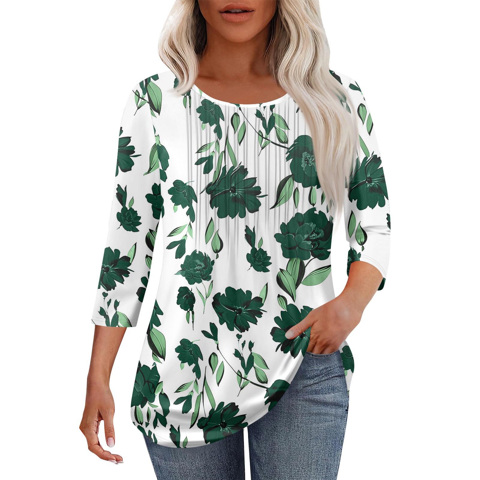 

Женская модная повседневная плиссированная футболка с круглым вырезом и рукавами три четверти с повседневным цветочным принтом M зелёный