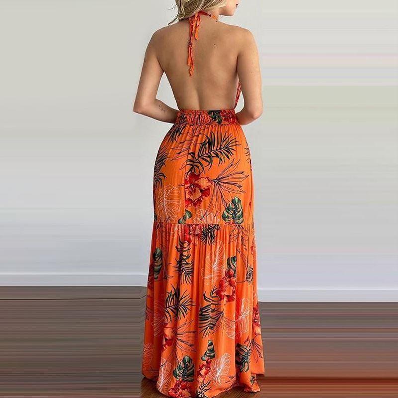 European and American-Style Printed Backless Maxi Dress